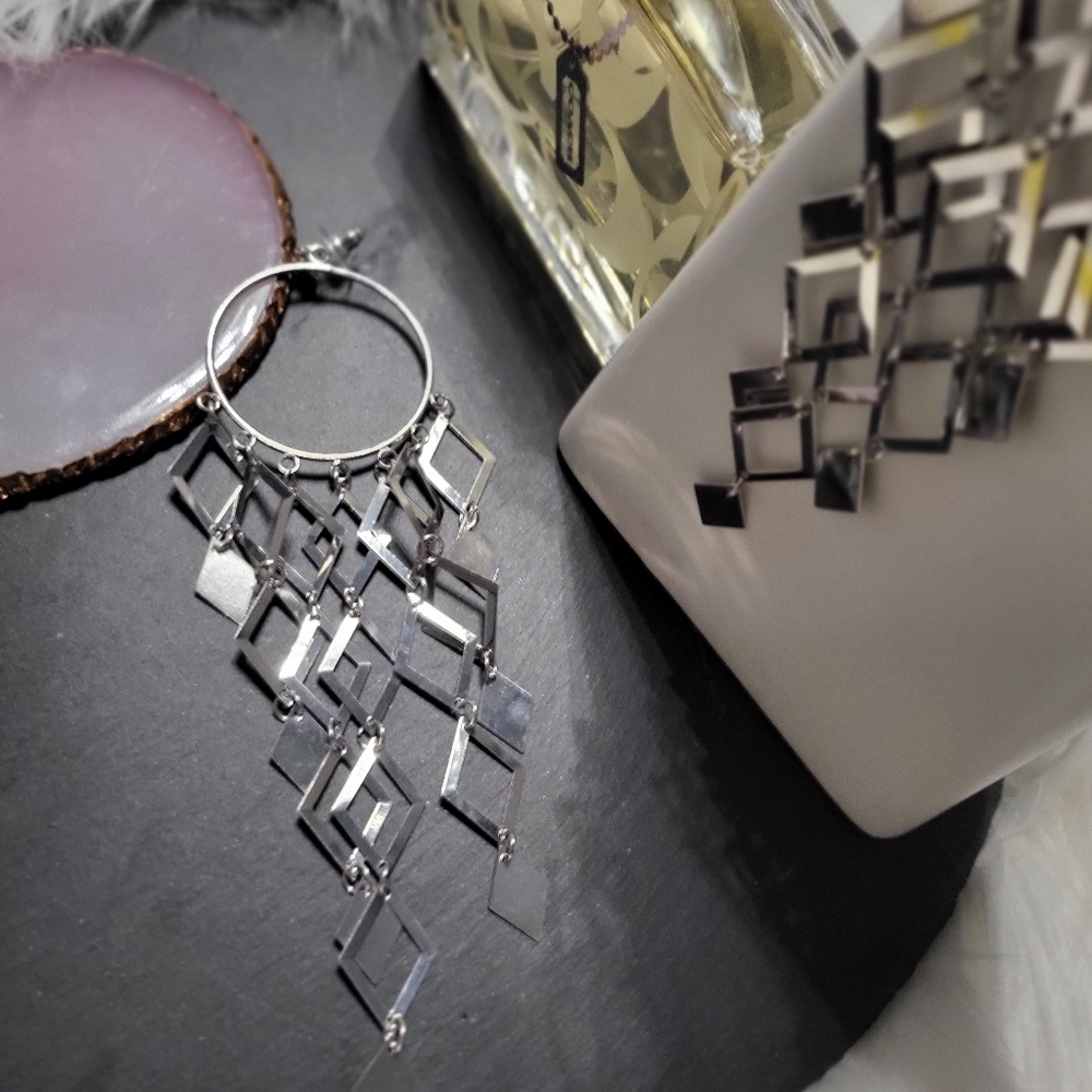 Silver hoop & diamond shape drop earrings